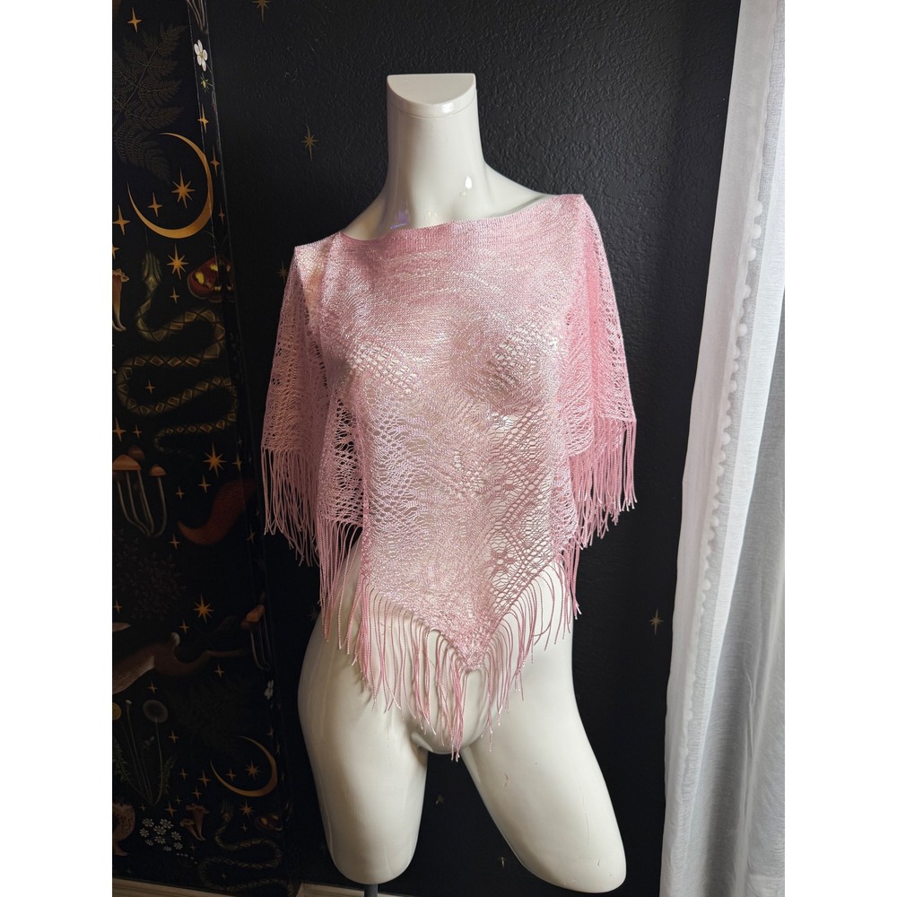 Zoey Beth Pink Metallic Knit Fringe Poncho Top One Size Sheer Crochet Shimmer